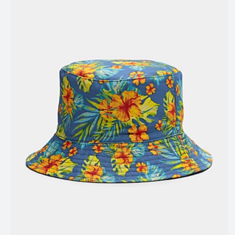 Blue and orange unisex 100% cotton reversible hibiscus bucket hat NWT